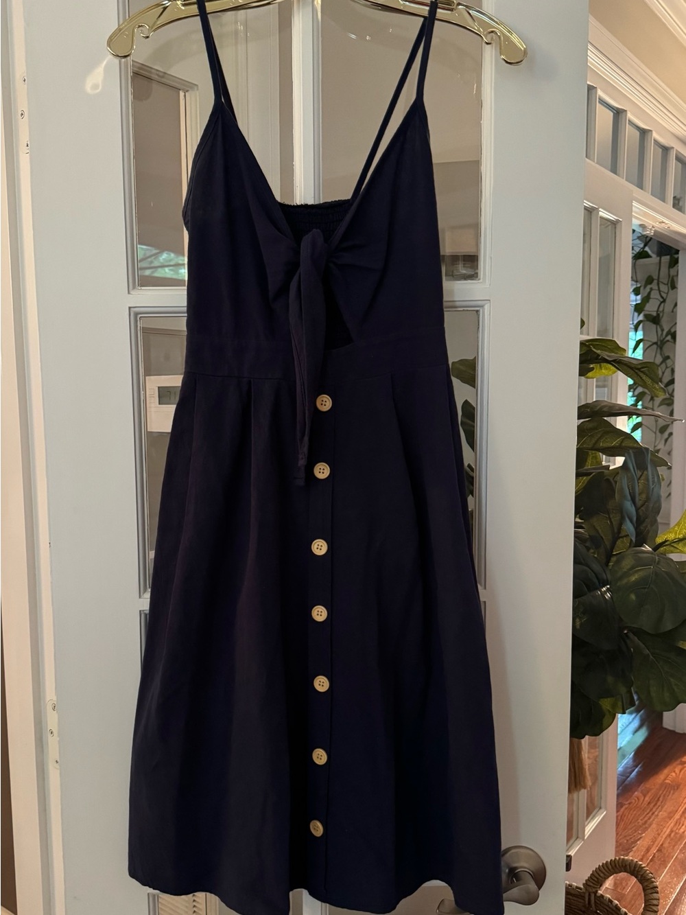 Navy Button-Front Sundress with Front Tie